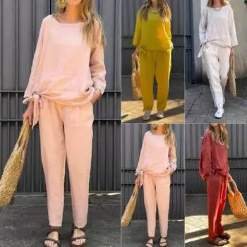 2 шт./комплект женский топ брюки костюм однотонный цвет длинный рукав круглый вырез завязывающийся подол эластичный пояс прямые брюки спортивный фитнес костюм M жёлтый