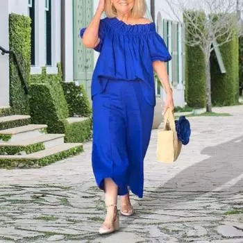 2 шт./комплект женский топ брюки костюм оборка плечо короткий рукав плиссированная блузка широкие штанины L синий