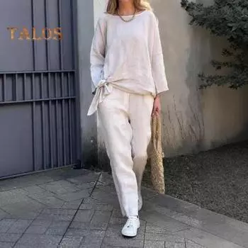 2 шт./комплект женский топ брюки костюм однотонный цвет длинный рукав круглый вырез завязывающийся подол эластичный пояс прямые брюки спортивный фитнес наряд осень M красный