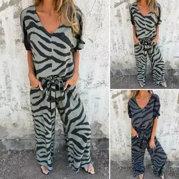 2 шт./комплект женский топ брюки костюм полосатый принт контрастный цвет V-образный вырез короткий рукав блузка широкие брюки эластичный пояс брюки для поездок на работу на работу S зелёный