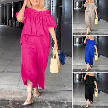 2 шт./комплект женский топ брюки костюм оборки плечи короткие рукава плиссированная блузка широкие штанины свободные однотонные укороченные брюки отпуск повседневный наряд 2XL абрикосовый