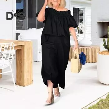 2 шт./комплект женский топ брюки костюм оборки плечи короткие рукава плиссированная блузка широкие штанины свободные однотонные укороченные брюки отпуск повседневный наряд XL розы красного