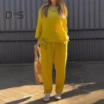 2 шт./комплект женский топ брюки костюм однотонный цвет длинный рукав круглый вырез завязывающийся подол эластичный пояс прямые брюки спортивный фитнес наряд осень M жёлтый