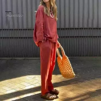 2 шт./комплект женский топ брюки костюм однотонный цвет длинный рукав круглый вырез завязывающийся подол эластичный пояс прямые брюки спортивный фитнес наряд осень M жёлтый