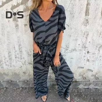 2 шт./комплект женский топ брюки костюм полосатый принт контрастный цвет V-образный вырез короткий рукав блузка широкие брюки эластичный пояс на талии наряд для поездок на работу повседневный S зелёный