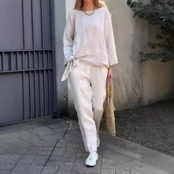 2 шт./комплект женский топ брюки костюм однотонный цвет длинные рукава круглый вырез завязка M жёлтый