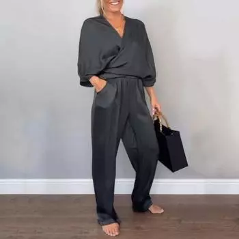 2 шт./комплект женский топ брюки костюм V-образный вырез длинные рукава крест блузка высокая 2XL белый