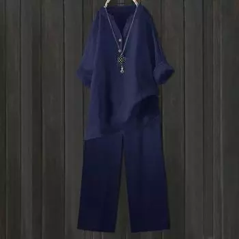 2 шт./комплект женский топ брюки костюм однотонный длинный рукав V-образный вырез эластичный пояс прямые широкие брюки прямые спортивные фитнес-костюм осень зима L небесно-голубой