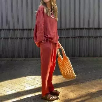 2 шт./комплект женский топ брюки костюм однотонный цвет длинный рукав круглый вырез завязывающийся подол эластичный пояс прямые брюки спортивный фитнес костюм M белый