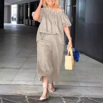 2 шт./комплект женский топ брюки костюм оборки плечи короткие рукава плиссированная блузка широкие штанины свободные однотонные укороченные брюки отпуск повседневный наряд L розы красного