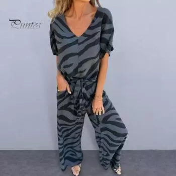 2 шт./комплект женский топ брюки костюм полосатый принт контрастный цвет V-образный вырез короткий рукав блузка широкие брюки эластичный пояс на талии наряд для поездок на работу повседневный S темно-серого