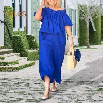 2 шт./комплект женский топ брюки костюм оборки плечи короткие рукава плиссированная блузка широкие штанины свободные однотонные укороченные брюки отпуск повседневный наряд XL розы красного