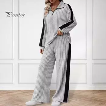 2 шт./комплект женский топ и брюки комплект с застежкой-молнией и воротником-стойкой, длинные рукава, однотонная толстовка с эластичной резинкой на талии, широкие спортивные штаны, спортивный наряд на осень XL серый