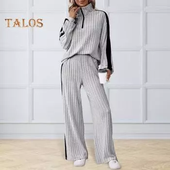 2 шт./комплект женский топ и брюки комплект с застежкой-молнией и воротником-стойкой, длинные рукава, однотонная толстовка с эластичной резинкой на талии, широкие спортивные штаны, спортивный наряд на осень XL серый