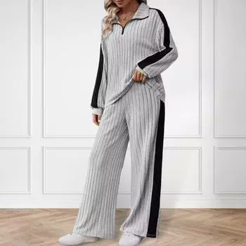 2 шт./комплект женский топ и брюки комплект с застежкой-молнией и воротником-стойкой, длинные рукава, однотонная толстовка с эластичной резинкой на талии, широкие спортивные штаны, спортивный наряд XL серый