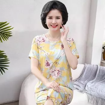 2 шт./комплект женский топ и брюки костюм летняя пижама комплект цветочный принт укороченный XL светло-зеленый
