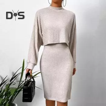 2 шт./комплект женский топ платье костюм воротник-стойка нитка длинный рукав свитер V-образный вырез облегающее платье без рукавов однотонное платье миди для поездок на работу свиданий 2XL чёрный