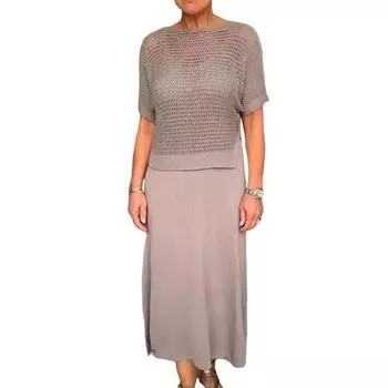 2 шт./комплект женский топ платье комплект ажурный трикотажный круглый вырез короткий рукав топ V-образный вырез А-силуэт без рукавов сарафан леди миди платье C M чёрный