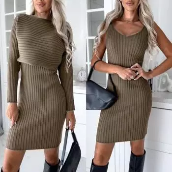 2 шт./комплект женский топ платье костюм полосатый трикотажный однотонный без рукавов V-образный вырез платье-футляр длинный рукав свободный топ эластичный мягкий теплый свободный миди платье XL темно-коричневого