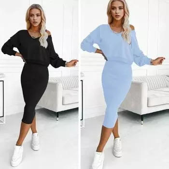 2 шт./комплект женский топ платье комплект V-образный вырез длинные рукава однотонный топ высокая талия облегающее платье миди повседневное толстовка для свиданий на работу платье S чёрный