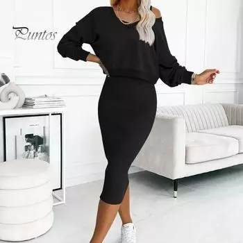 2 шт./комплект женский топ платье комплект V-образный вырез длинные рукава однотонный топ высокая талия облегающее платье миди повседневный толстовка платье для свиданий комплект L чёрный