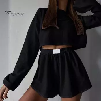 2 шт./комплект женский топ шорты костюм с высокой талией шорты открытая свободная укороченная блузка с длинными рукавами однотонный наряд для спорта бег трусцой сна S фиолетовый