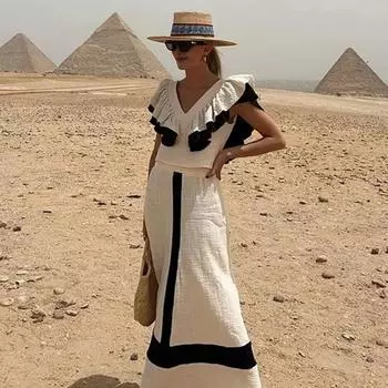 2 шт./комплект женский топ юбка комплект V-образный вырез оборки без рукавов плиссированный топ облегающий высокая талия цветная макси юбка для отпуска поездка на работу S бежевый