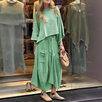 2 шт./комплект женский топ юбка костюм круглый вырез три четверти рукав косой подол винтажный топ завязка на резинке талия свободная нерегулярная макси юбка весна повседневная S чёрный