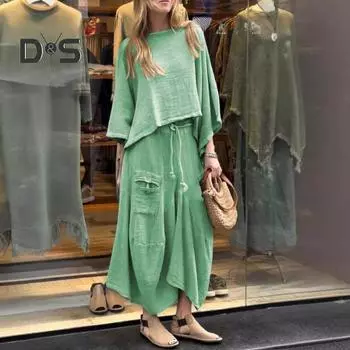 2 шт./комплект женский топ юбка костюм круглый вырез три четверти рукав косой подол винтажный топ завязка на резинке талия свободная нерегулярная макси юбка весна повседневная S чёрный