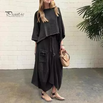 2 шт./комплект женский топ юбка костюм круглый вырез три четверти рукав косой подол винтажный топ завязка на резинке талия свободная нерегулярная макси юбка весна повседневная S красный