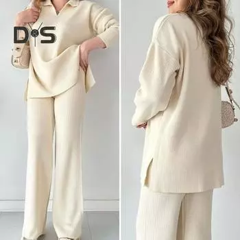 2 шт./комплект женский трикотажный наряд V-образный вырез длинный рукав топ высокая талия широкие брюки нитки домашняя повседневная одежда пижамный комплект осенне-зимний спортивный костюм комплект S белый