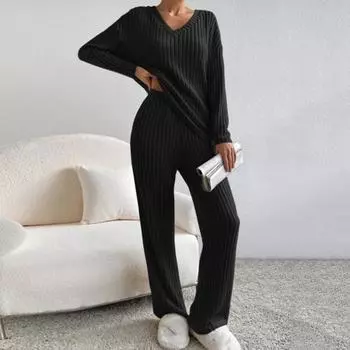 2 шт./комплект женский трикотажный наряд V-образный вырез длинные рукава топ высокая талия широкие брюки нитки M хаки