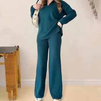 2 шт./комплект женский трикотажный наряд V-образный вырез длинный рукав топ высокая талия широкие брюки нитки домашняя повседневная одежда пижамный комплект осенне-зимний спортивный костюм комплект S белый