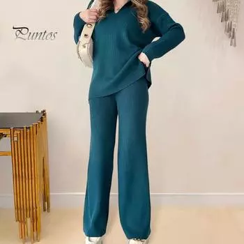 2 шт./комплект женский трикотажный наряд V-образный вырез длинный рукав топ высокая талия широкие брюки нитки домашняя повседневная одежда пижамный комплект осенне-зимний спортивный костюм комплект S зелёный