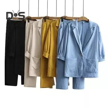 2 шт./комплект женский весенне-осенний повседневный наряд с лацканами, рукавами 3/4, одной пуговицой, карманами, пиджаком, эластичным поясом, широкими длинными брюками 4XL розовый