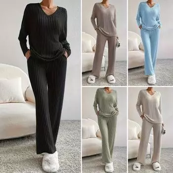 2 шт./комплект женский весенний комплект для поездок на работу топ и штаны комплект с V-образным вырезом длинный рукав топ с высокой талией спортивный костюм эластичная повседневная одежда одежда для сна S чёрный