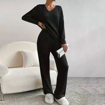 2 шт./комплект женский весенний комплект для поездок на работу топ и штаны комплект с V-образным вырезом длинный рукав топ с высокой талией спортивный костюм эластичная повседневная одежда одежда для сна S темные хаки