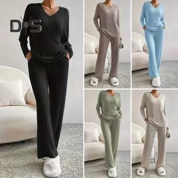 2 шт./комплект женский весенний комплект для поездок на работу топ и штаны комплект с V-образным вырезом длинный рукав топ с высокой талией спортивный костюм эластичная повседневная одежда одежда для сна S темные хаки