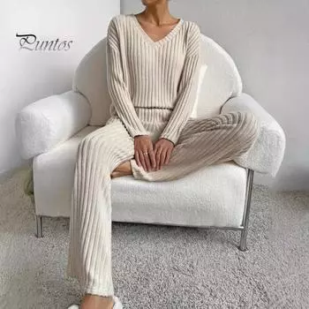 2 шт./комплект женский весенний комплект для поездок на работу топ и штаны комплект с V-образным вырезом длинный рукав топ с высокой талией спортивный костюм эластичная повседневная одежда одежда для сна S абрикосовый