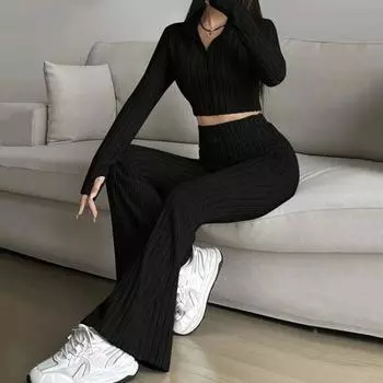 2 шт./комплект женский весенний наряд для поездок на работу топ расклешенные брюки комплект застежка-молния воротник стойка пальто высокая талия спортивный костюм эластичная повседневная одежда M светло-серый