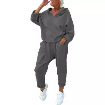 2 шт./комплект женский весна осень топ брюки комплект с капюшоном однотонный длинный рукав толстовка с капюшоном эластичный пояс шаровары спортивный наряд повседневный спортивный костюм XXL серый