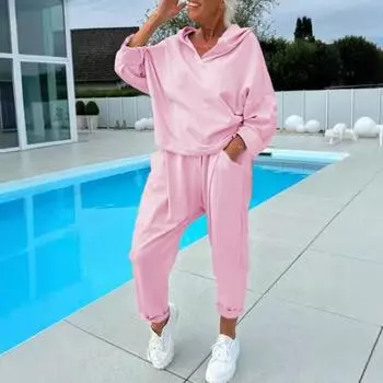 2 шт./комплект женский весна осень топ брюки комплект с капюшоном чистый цвет длинные рукава M розовый