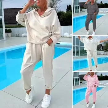 2 шт./комплект женский весна осень топ брюки комплект с капюшоном однотонный длинный рукав толстовка с капюшоном эластичный пояс спортивные штаны спортивный костюм повседневный спортивный костюм S серый