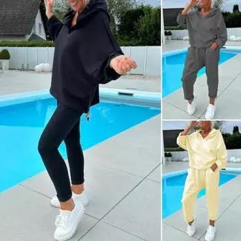2 шт./комплект женский весна осень топ брюки комплект с капюшоном однотонный длинный рукав толстовка с капюшоном эластичный пояс шаровары спортивный наряд повседневный спортивный костюм XXXL чёрный