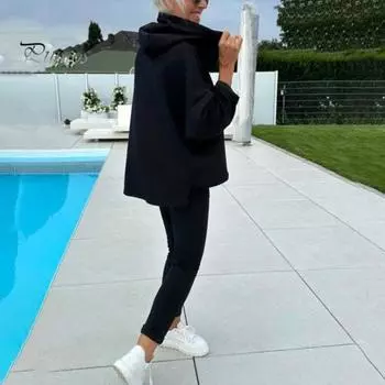 2 шт./комплект женский весна осень топ брюки комплект с капюшоном однотонный длинный рукав толстовка с капюшоном эластичный пояс шаровары спортивный наряд повседневный спортивный костюм XXL чёрный