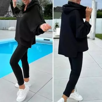 2 шт./комплект женский весна осень топ брюки комплект с капюшоном однотонный длинный рукав толстовка с капюшоном эластичный пояс спортивные штаны спортивный костюм повседневный спортивный костюм S чёрный