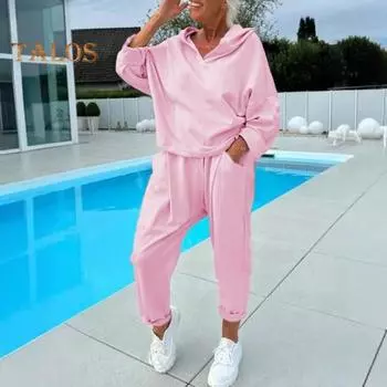 2 шт./комплект женский весна осень топ брюки комплект с капюшоном однотонный длинный рукав толстовка с капюшоном эластичный пояс спортивные штаны спортивный костюм повседневный спортивный костюм S белый