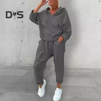 2 шт./комплект женский весна осень топ брюки комплект с капюшоном однотонный длинный рукав толстовка с капюшоном эластичный пояс шаровары спортивный наряд повседневный спортивный костюм XXL абрикосовый