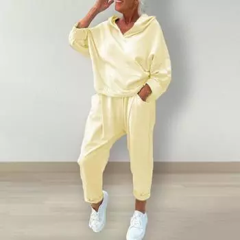 2 шт./комплект женский весна осень топ брюки комплект с капюшоном чистый цвет XXL абрикосовый