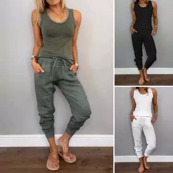 2 шт./комплект женский жилет брюки комплект без рукавов U-образный вырез топ однотонный эластичный пояс ретро XXXL белый